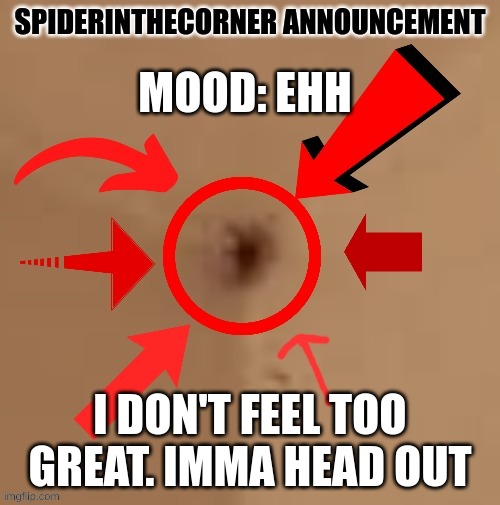egh | MOOD: EHH; I DON'T FEEL TOO GREAT. IMMA HEAD OUT | image tagged in spiderinthecorner announcement | made w/ Imgflip meme maker