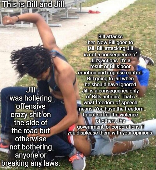 Freedom of speech | This is Bill and Jill. Bill attacks her. Now Bill goes to jail. Bill attacking Jill is not a consequence of Jill's actions. It's a result of Bills poor emotion and impulse control. Bill going to jail when he should have ignored Jill is a consequence only of Bills actions. That's what freedom of speech means. You have the freedom to not suffer the violence of others, the government, or corporations if you displease them with your opinions. Jill was hollering offensive crazy shit on the side of the road but otherwise not bothering anyone or breaking any laws. | image tagged in guy recording a fight | made w/ Imgflip meme maker