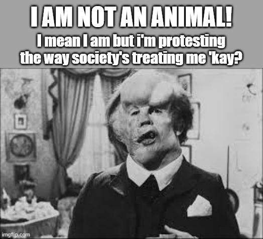 Scientifically literate Elephant Man | I AM NOT AN ANIMAL! I mean I am but i'm protesting the way society's treating me 'kay? | image tagged in elephant man,memes,animal,society,protest | made w/ Imgflip meme maker