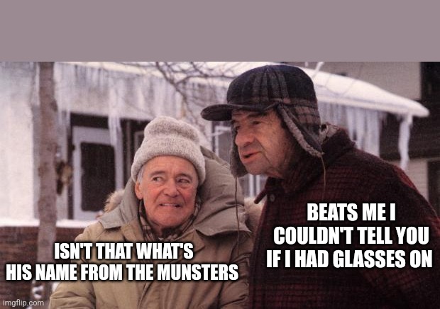 grumpy old men | ISN'T THAT WHAT'S HIS NAME FROM THE MUNSTERS BEATS ME I COULDN'T TELL YOU IF I HAD GLASSES ON | image tagged in grumpy old men | made w/ Imgflip meme maker