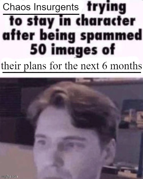 X trying to stay in character after being spammed 50 images of Y | Chaos Insurgents; their plans for the next 6 months | image tagged in x trying to stay in character after being spammed 50 images of y | made w/ Imgflip meme maker