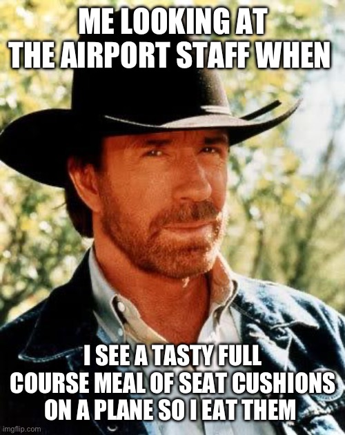 But, why not I was hungry! | ME LOOKING AT THE AIRPORT STAFF WHEN; I SEE A TASTY FULL COURSE MEAL OF SEAT CUSHIONS ON A PLANE SO I EAT THEM | image tagged in memes,chuck norris | made w/ Imgflip meme maker