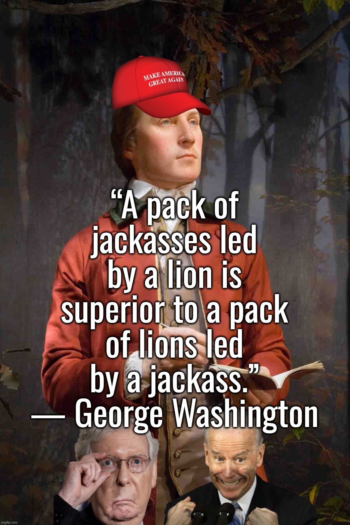 I retort, you deride . . . Nancy McConnell or Mitch Pelosi? | “A pack of jackasses led by a lion is superior to a pack of lions led by a jackass.” — George Washington | image tagged in george washington,mitch mcconnell,joe biden,nancy pelosi,donald trump | made w/ Imgflip meme maker