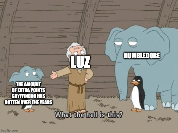 What the hell is this? | LUZ; DUMBLEDORE; THE AMOUNT OF EXTRA POINTS GRYFFINDOR HAS GOTTEN OVER THE YEARS | image tagged in what the hell is this,the owl house,harry potter | made w/ Imgflip meme maker