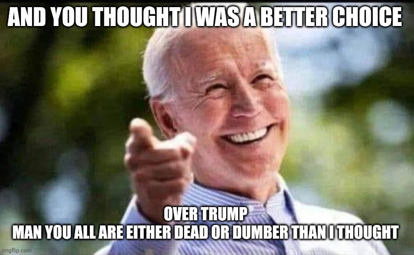 Joe biden | AND YOU THOUGHT I WAS A BETTER CHOICE; OVER TRUMP 
MAN YOU ALL ARE EITHER DEAD OR DUMBER THAN I THOUGHT | image tagged in joe biden | made w/ Imgflip meme maker