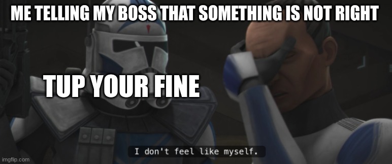 clone trooper tup | ME TELLING MY BOSS THAT SOMETHING IS NOT RIGHT; TUP YOUR FINE | image tagged in clone trooper tup | made w/ Imgflip meme maker