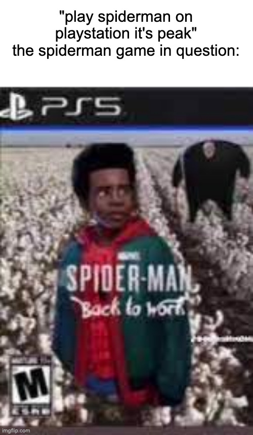 "play spiderman on playstation it's peak"
the spiderman game in question: | made w/ Imgflip meme maker