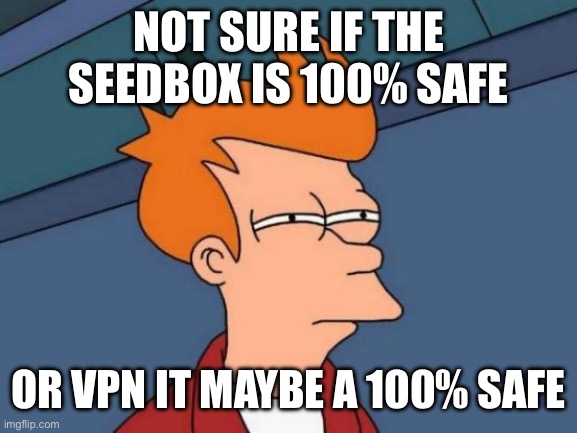 Seedbox is not 100% safe and VPN it maybe a 100% safe Futurama Fry | NOT SURE IF THE SEEDBOX IS 100% SAFE; OR VPN IT MAYBE A 100% SAFE | image tagged in memes,futurama fry,vpn,meme,funny memes,funny meme | made w/ Imgflip meme maker