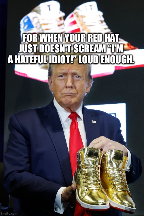 Trump launches sneaker line a day after judge’s order to pay nearly $355 million. | FOR WHEN YOUR RED HAT JUST DOESN'T SCREAM “I'M A HATEFUL IDIOT!” LOUD ENOUGH. | image tagged in trump sneakers,donald trump,grifter,rapist,felon,useful idiot | made w/ Imgflip meme maker