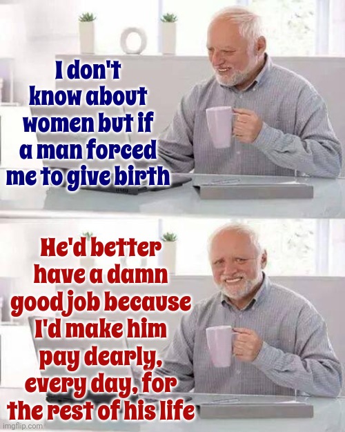 The B*tching Would NEVER End | I don't know about women but if a man forced me to give birth; He'd better have a damn good job because I'd make him pay dearly, every day, for the rest of his life | image tagged in memes,hide the pain harold,toxic masculinity,malignant narcissism,payback,men | made w/ Imgflip meme maker
