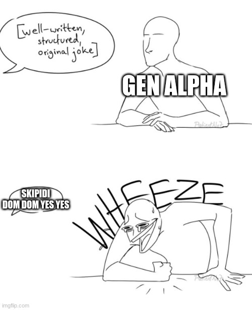 idk if this is a "repost" but mods if it is not just do not allow. | GEN ALPHA; SKIPIDI DOM DOM YES YES | image tagged in wheeze | made w/ Imgflip meme maker