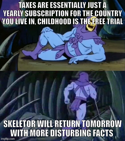 Taxes | TAXES ARE ESSENTIALLY JUST A YEARLY SUBSCRIPTION FOR THE COUNTRY YOU LIVE IN, CHILDHOOD IS THE FREE TRIAL; SKELETOR WILL RETURN TOMORROW WITH MORE DISTURBING FACTS | image tagged in skeletor disturbing facts | made w/ Imgflip meme maker