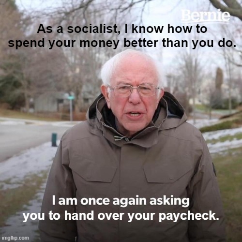Bernie I Am Once Again Asking For Your Support | As a socialist, I know how to spend your money better than you do. you to hand over your paycheck. | image tagged in memes,bernie i am once again asking for your support | made w/ Imgflip meme maker