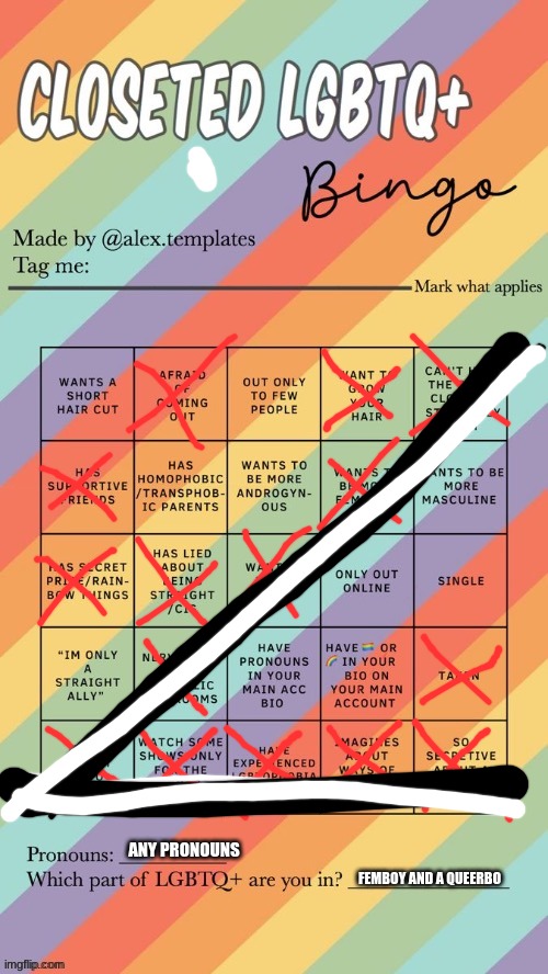Closeted LGBTQ+ Bingo | ANY PRONOUNS; FEMBOY AND A QUEERBO | image tagged in closeted lgbtq bingo | made w/ Imgflip meme maker