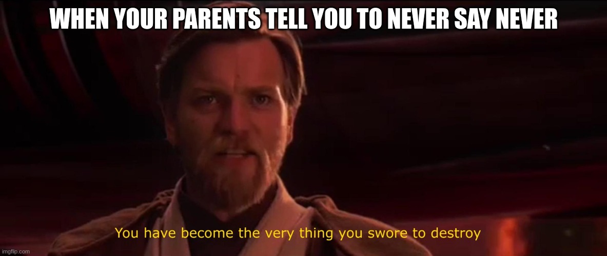 You have become the very thing you swore to destroy | WHEN YOUR PARENTS TELL YOU TO NEVER SAY NEVER | image tagged in you have become the very thing you swore to destroy | made w/ Imgflip meme maker