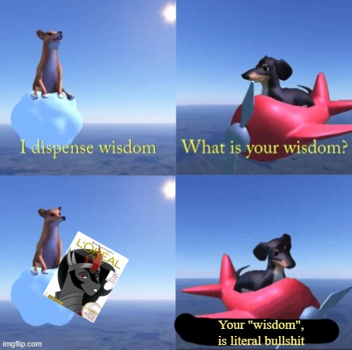 The entire discord server I'm in was all over this ;-; | Your "wisdom", is literal bullshit | image tagged in wisdom dog rejected | made w/ Imgflip meme maker