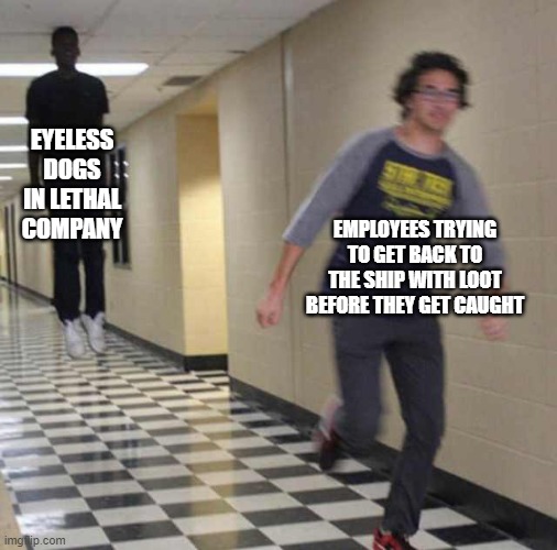 what it feels like encountering eyeless dogs | EYELESS DOGS IN LETHAL COMPANY; EMPLOYEES TRYING TO GET BACK TO THE SHIP WITH LOOT BEFORE THEY GET CAUGHT | image tagged in floating boy chasing running boy,lethal company | made w/ Imgflip meme maker