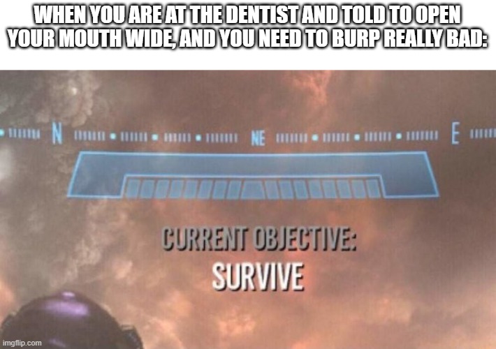 Dentist Appointments | WHEN YOU ARE AT THE DENTIST AND TOLD TO OPEN YOUR MOUTH WIDE, AND YOU NEED TO BURP REALLY BAD: | image tagged in current objective survive | made w/ Imgflip meme maker