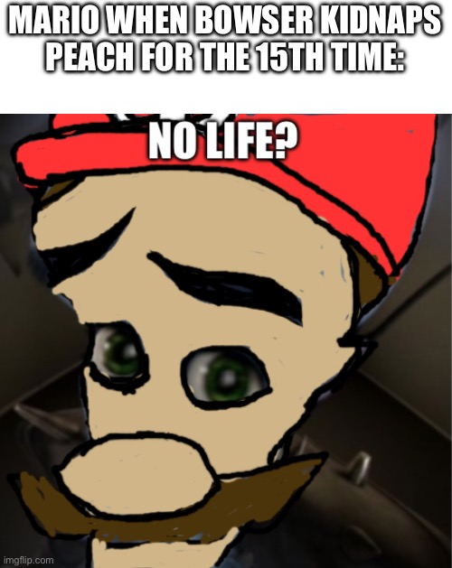 Mario no life? | MARIO WHEN BOWSER KIDNAPS PEACH FOR THE 15TH TIME: | image tagged in mario no life | made w/ Imgflip meme maker