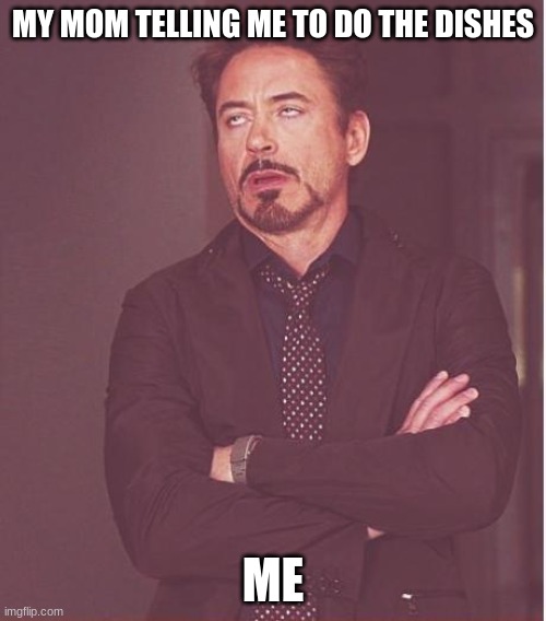 dishes | MY MOM TELLING ME TO DO THE DISHES; ME | image tagged in memes,face you make robert downey jr | made w/ Imgflip meme maker