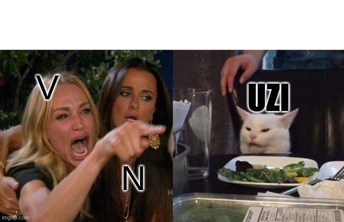 Well... | V; UZI; N | image tagged in memes,woman yelling at cat,n,v,uzi,murder drones | made w/ Imgflip meme maker