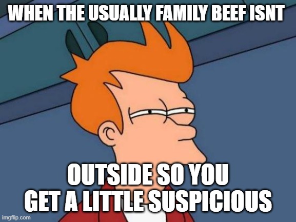Futurama Fry Meme | WHEN THE USUALLY FAMILY BEEF ISNT; OUTSIDE SO YOU GET A LITTLE SUSPICIOUS | image tagged in memes,futurama fry | made w/ Imgflip meme maker