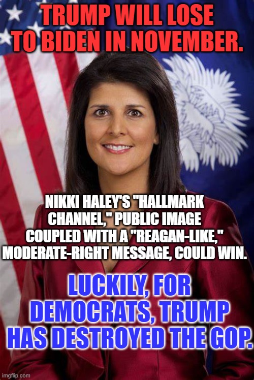 A Rudderless GOP led by the "Clueless." Tangerine Tyrant cannot win. | TRUMP WILL LOSE TO BIDEN IN NOVEMBER. NIKKI HALEY'S "HALLMARK CHANNEL," PUBLIC IMAGE COUPLED WITH A "REAGAN-LIKE," MODERATE-RIGHT MESSAGE, COULD WIN. LUCKILY, FOR DEMOCRATS, TRUMP HAS DESTROYED THE GOP. | image tagged in politics | made w/ Imgflip meme maker