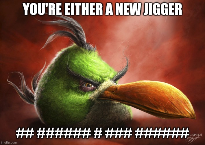 tags | YOU'RE EITHER A NEW JIGGER; ## ###### # ### ###### | image tagged in realistic angry bird | made w/ Imgflip meme maker
