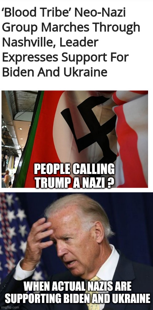 The Reality | PEOPLE CALLING TRUMP A NAZI ? WHEN ACTUAL NAZIS ARE SUPPORTING BIDEN AND UKRAINE | image tagged in joe biden worries,leftists,liberals,biden,ukraine | made w/ Imgflip meme maker