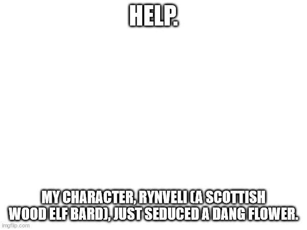 Help. | HELP. MY CHARACTER, RYNVELI (A SCOTTISH WOOD ELF BARD), JUST SEDUCED A DANG FLOWER. | made w/ Imgflip meme maker