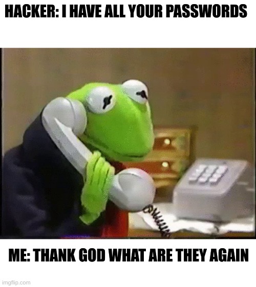 Kermit Meme You Will Never Forget | HACKER: I HAVE ALL YOUR PASSWORDS; ME: THANK GOD WHAT ARE THEY AGAIN | image tagged in kermit on the phone,kermit the frog,hacker | made w/ Imgflip meme maker