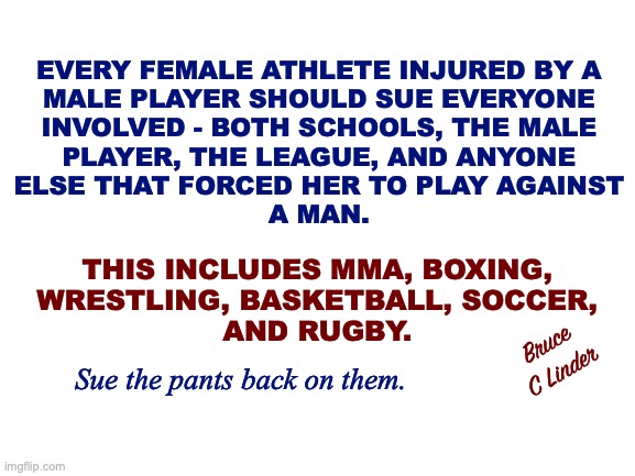 Men Assaulting Women | EVERY FEMALE ATHLETE INJURED BY A
MALE PLAYER SHOULD SUE EVERYONE
INVOLVED - BOTH SCHOOLS, THE MALE
PLAYER, THE LEAGUE, AND ANYONE
ELSE THAT FORCED HER TO PLAY AGAINST
A MAN. THIS INCLUDES MMA, BOXING,
WRESTLING, BASKETBALL, SOCCER,
AND RUGBY. Bruce
C Linder; Sue the pants back on them. | image tagged in women's sports,women's safety,lawsuit,sue | made w/ Imgflip meme maker