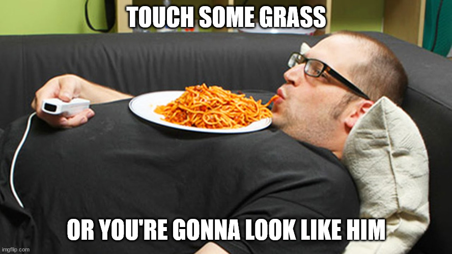 Touch Grass | TOUCH SOME GRASS; OR YOU'RE GONNA LOOK LIKE HIM | image tagged in fat lazy dude | made w/ Imgflip meme maker