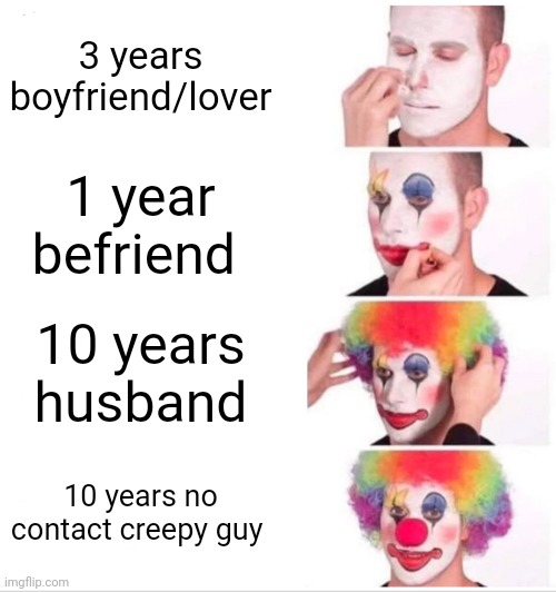 No contact | 3 years boyfriend/lover; 1 year befriend; 10 years husband; 10 years no contact creepy guy | image tagged in memes,clown applying makeup | made w/ Imgflip meme maker