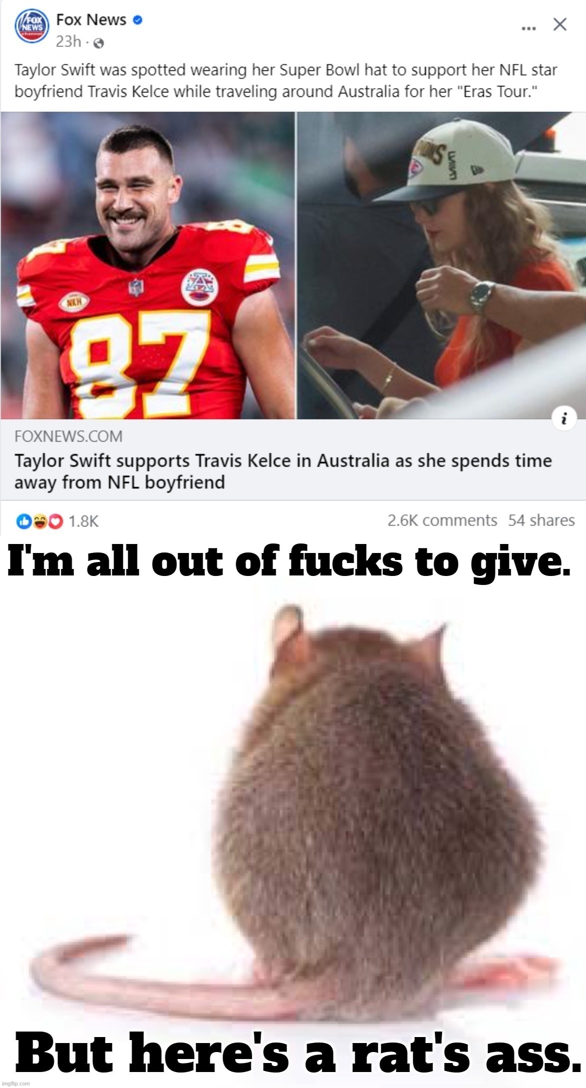 I'm all out of fucks to give, but here's a rat's ass. | image tagged in rats ass,taylor swiftie,travis kelce,travis kelce screaming,fuck this shit,fuck off | made w/ Imgflip meme maker