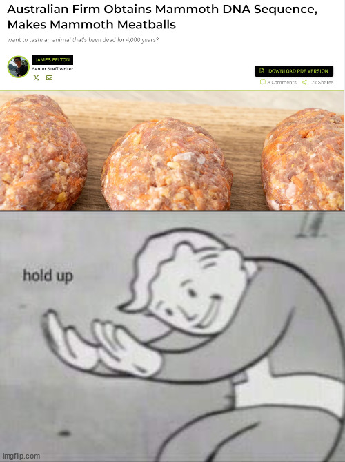 I bet they taste like Pleistocene | image tagged in fallout hold up,science,meatballs,food,mammoth | made w/ Imgflip meme maker