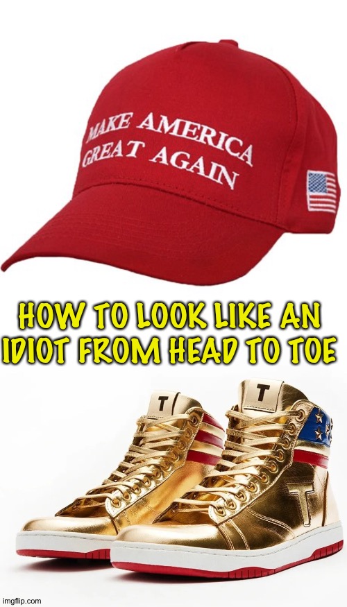 Look like an idiot | HOW TO LOOK LIKE AN IDIOT FROM HEAD TO TOE | image tagged in maga hat,trump sneakers | made w/ Imgflip meme maker