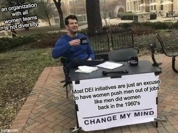 Most DEI initiatives are just an excuse | an organization with all women teams is not diversity; Most DEI initiatives are just an excuse 
to have women push men out of jobs 
like men did women 
back in the 1960's | image tagged in change my mind,diversity,politics,initiatives,equality,work | made w/ Imgflip meme maker