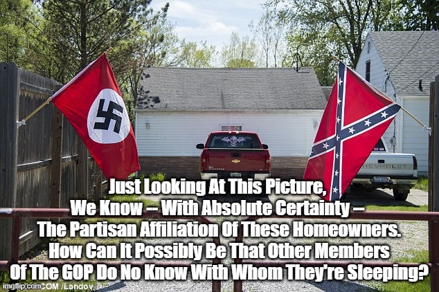 Just Looking At This Picture, We Know With Absolute Certainty The Political Affiliation Of These Homeowners. Why Is That? | Just Looking At This Picture, 
We Know -- With Absolute Certainty -- 
The Partisan Affiliation Of These Homeowners. How Can It Possibly Be That Other Members Of The GOP Do No Know With Whom They're Sleeping? | image tagged in nazi flag,confederate flag,the gop,the republican party,american conservatives | made w/ Imgflip meme maker