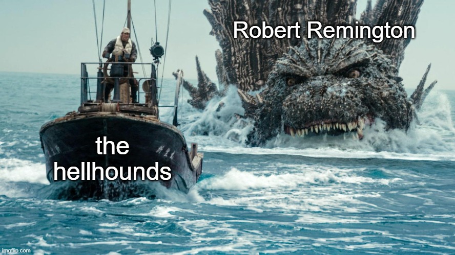 TimeZone scene ideas:Robert chasing the Buff Swat in the Co-op Campaign | Robert Remington; the hellhounds | image tagged in timezone,game,idea,movie,cartoon,godzilla | made w/ Imgflip meme maker