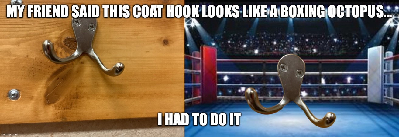 My friend said this looked like a boxing octopus… I photoshopped it :) | MY FRIEND SAID THIS COAT HOOK LOOKS LIKE A BOXING OCTOPUS…; I HAD TO DO IT | image tagged in octopus,boxing,funny,funny memes,photoshop | made w/ Imgflip meme maker