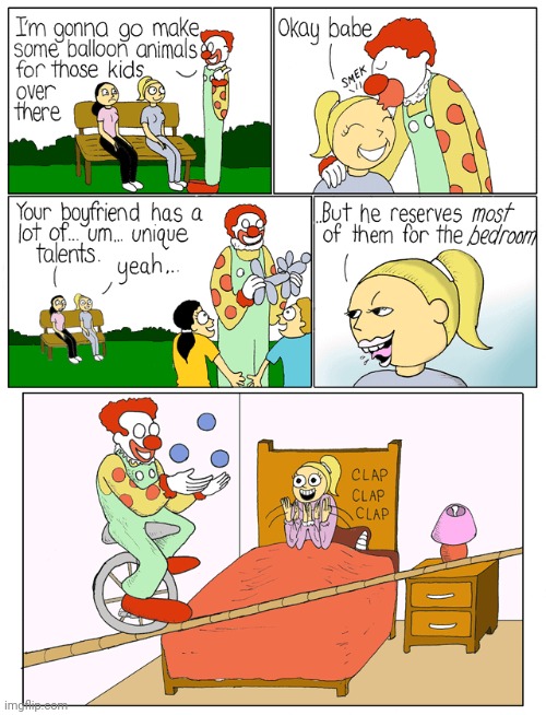 A clown boyfriend *blushes* | image tagged in clown,clowns,boyfriend,comics,comics/cartoons,balloon animals | made w/ Imgflip meme maker