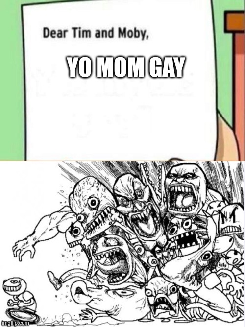 Dear Tim and Moby | YO MOM GAY | image tagged in dear tim and moby | made w/ Imgflip meme maker