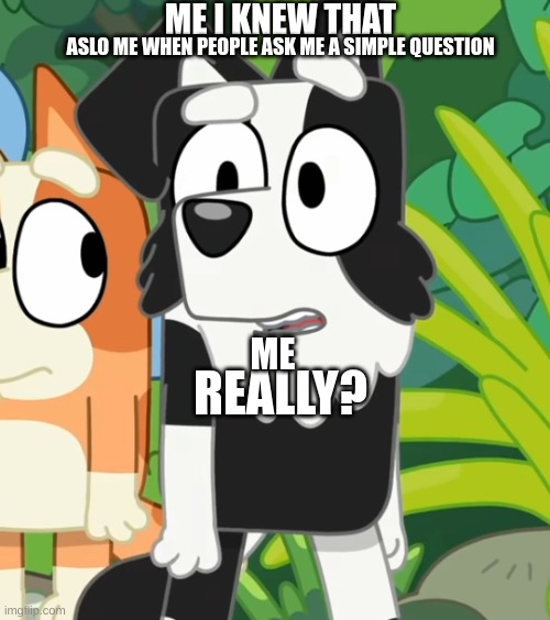 Really? | ME I KNEW THAT; ASLO ME WHEN PEOPLE ASK ME A SIMPLE QUESTION; ME; REALLY? | image tagged in really,bluey,memes,relatable,middle school,high school | made w/ Imgflip meme maker