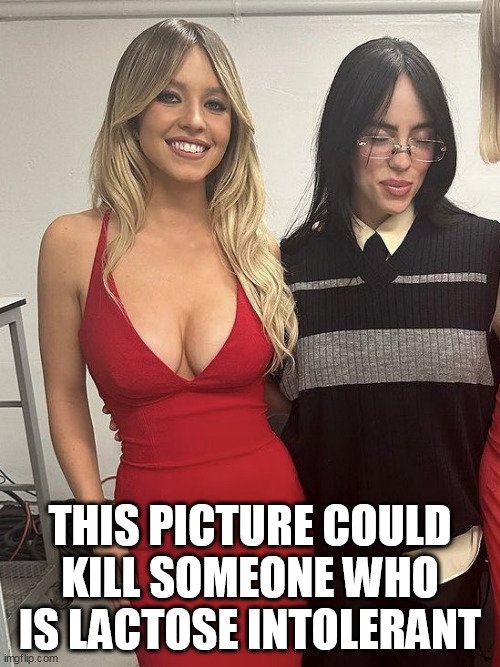 This picture could kill someone who is lactose intolerant | THIS PICTURE COULD KILL SOMEONE WHO IS LACTOSE INTOLERANT | image tagged in billie eilish,sydney sweeney,fun,boobs,milk,hungry | made w/ Imgflip meme maker