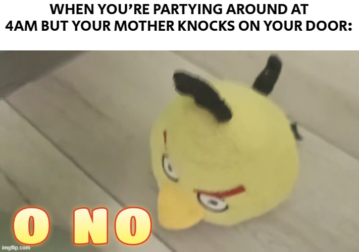 uh oh... | WHEN YOU'RE PARTYING AROUND AT 4AM BUT YOUR MOTHER KNOCKS ON YOUR DOOR: | image tagged in chuck bird's oh no | made w/ Imgflip meme maker