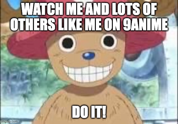 Chopper smiling | WATCH ME AND LOTS OF OTHERS LIKE ME ON 9ANIME; DO IT! | image tagged in chopper smiling | made w/ Imgflip meme maker