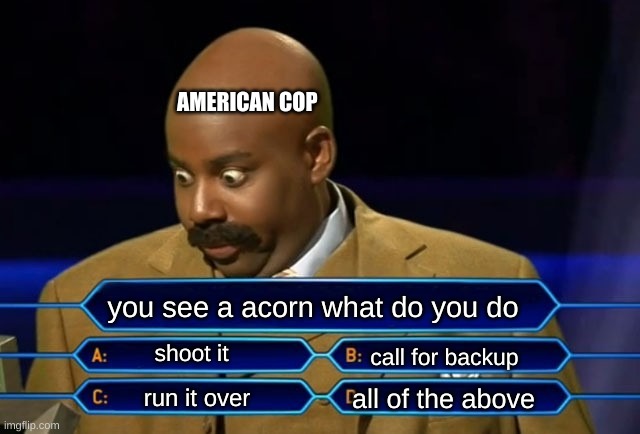 Who wants to be a millionaire? | AMERICAN COP; you see a acorn what do you do; shoot it; call for backup; all of the above; run it over | image tagged in who wants to be a millionaire,cops,nuts | made w/ Imgflip meme maker