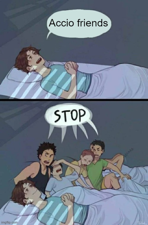 Sleepover Stop | Accio friends | image tagged in sleepover stop | made w/ Imgflip meme maker