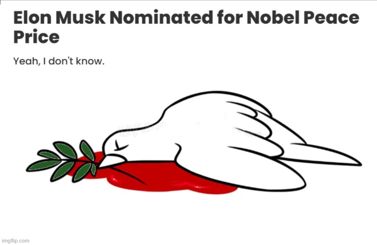 Nobel Peace Prize | image tagged in nobel peace prize,elon musk,peace,nobel prize,twitter,irony | made w/ Imgflip meme maker